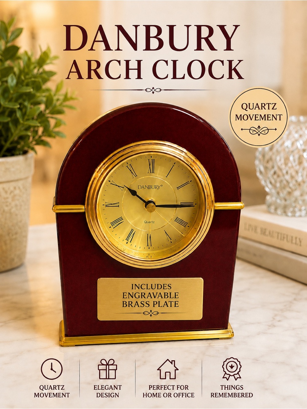 Danbury Mahogany & Brass Arch Quartz Clock | Things Remembered |New in Box